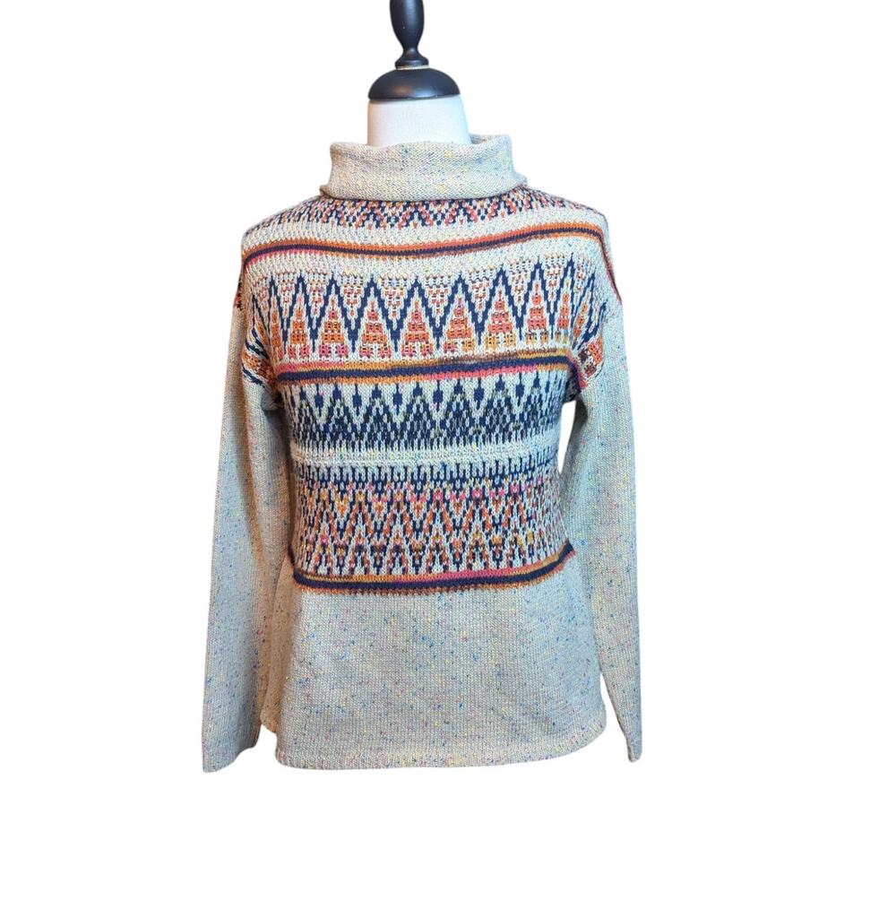Cliche` Women's Small Oatmeal Patchwork Mock Neck Knit Sweater Aztek Design